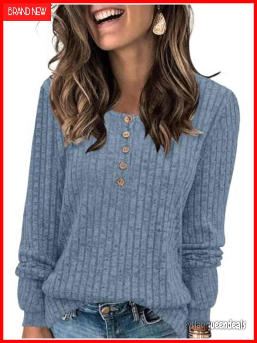 Womens Lightweight Henley Sweater Long Sleeve Crewneck Knit Tunic Top